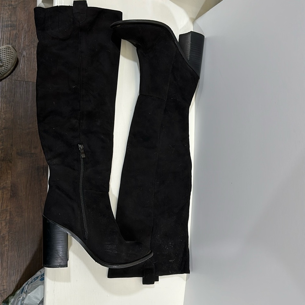 These are Very Volatile over the knee black suede boots
